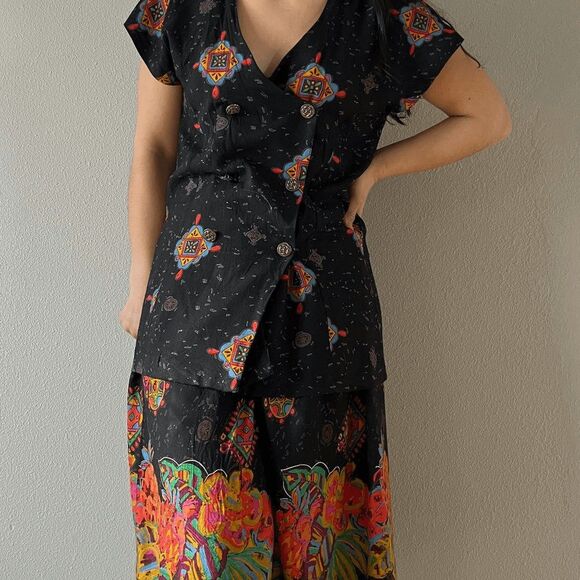 vtg 90s floral print skirt suit set multicolor‎ black vacation outfit boho small - Picture 9 of 9